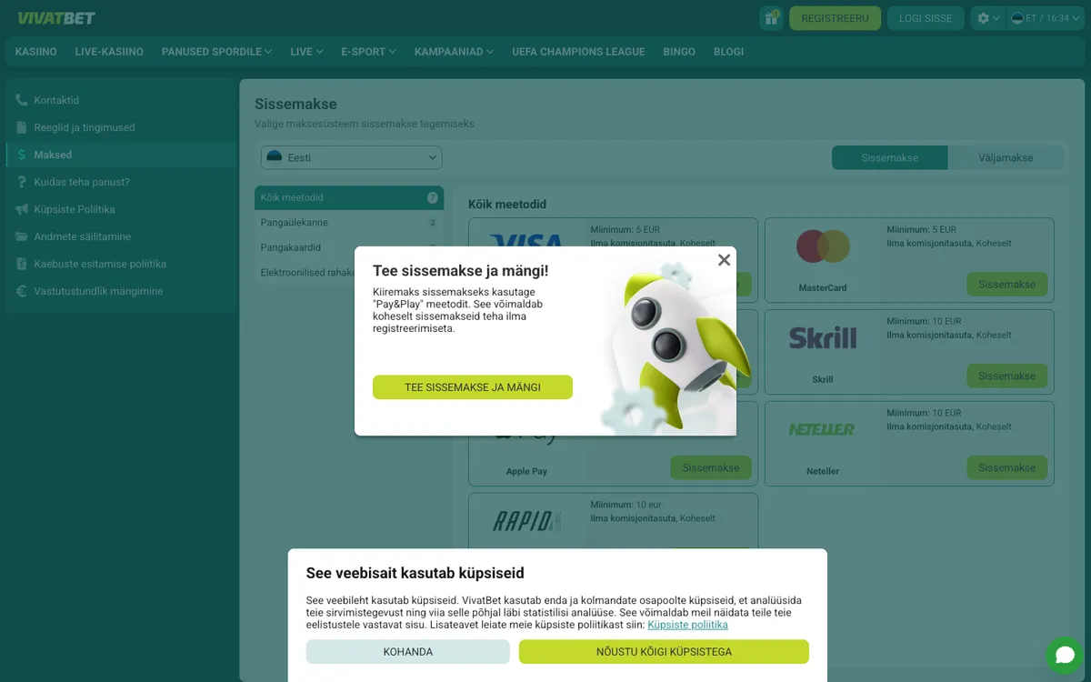 VivatBet Casino — Payments, captured from Estonia