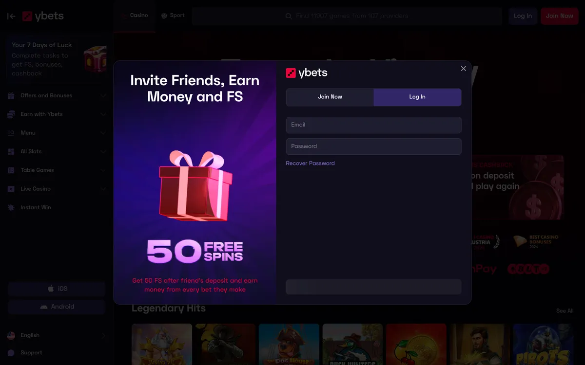 Ybets Casino — Sign-up, captured from Australia