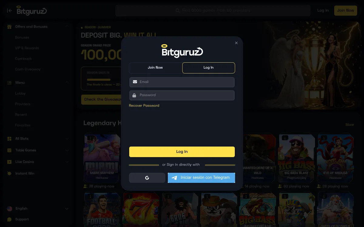 Bitguruz Casino — Sign-up, captured from Spain
