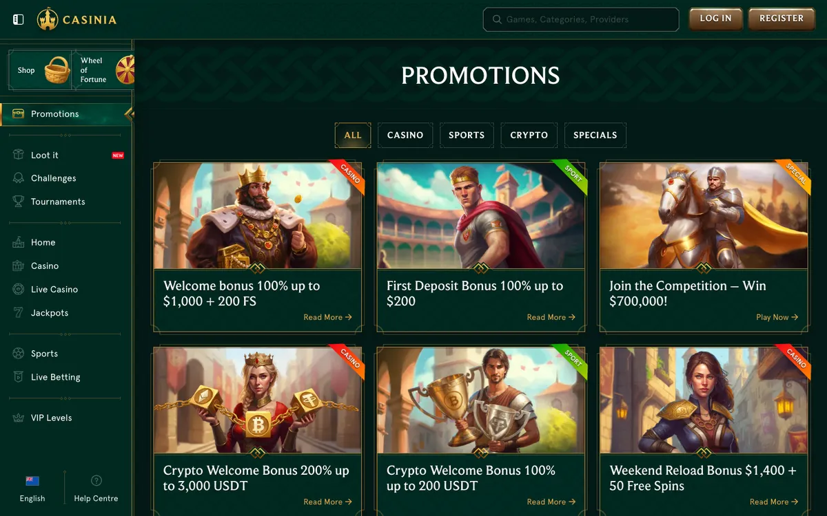 Casinia Casino — «Акции», снято из страны Новая Зеландия