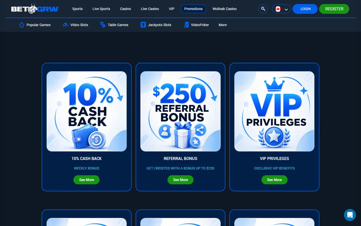 BetGRW Casino — Promotions, captured from Canada
