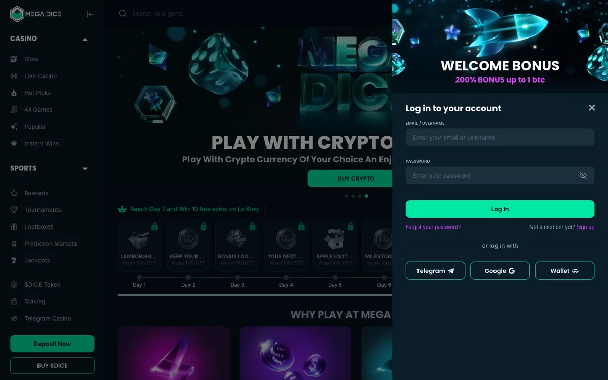 Mega Dice Casino — Sign-up, captured from Belgium