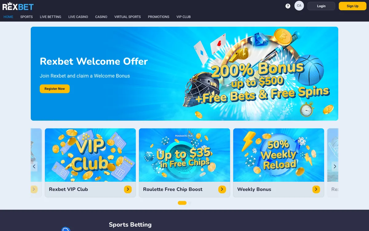 Rexbet Casino — Home page, captured from Canada