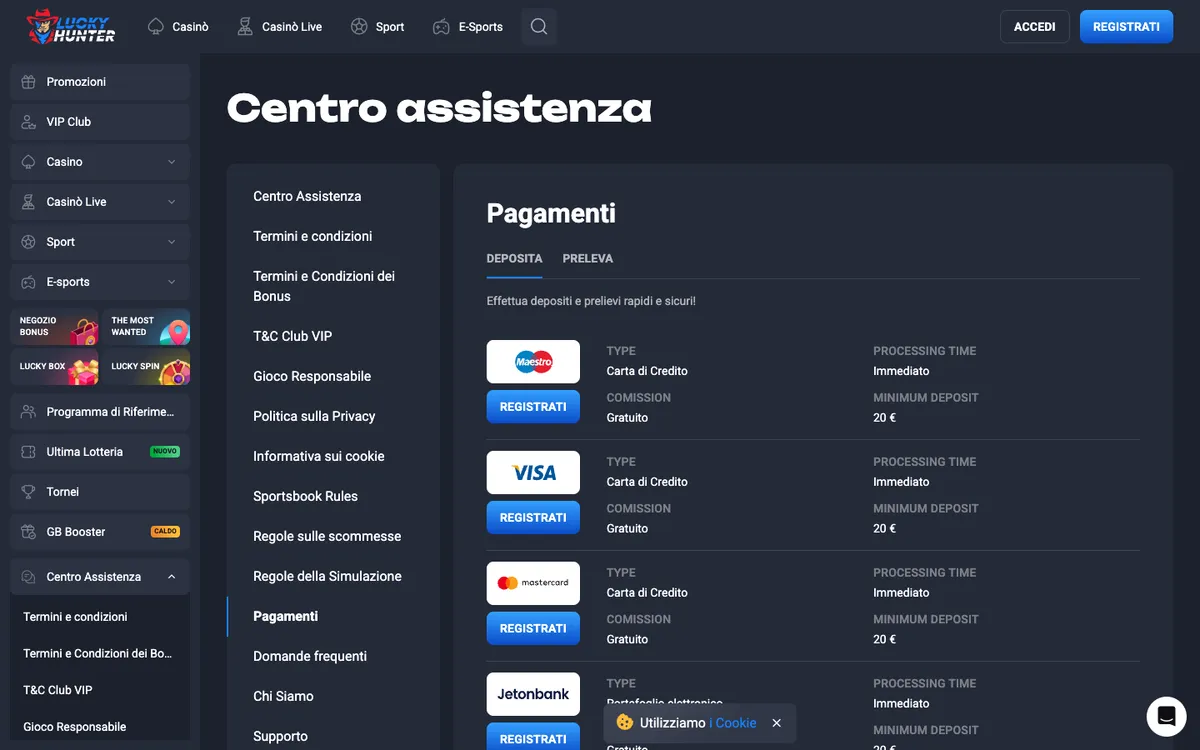 Lucky Hunter Casino — Payments, captured from Italy