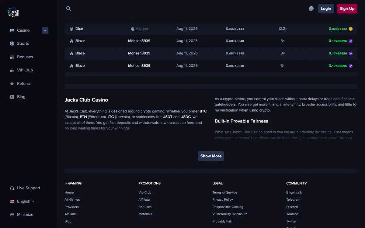 Jacks Club Casino — Home page, captured from Japan