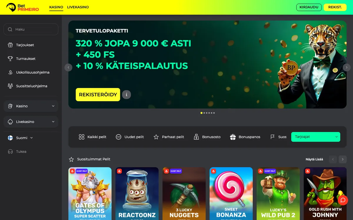 BetPRIMEIRO Casino — Home page, captured from Finland