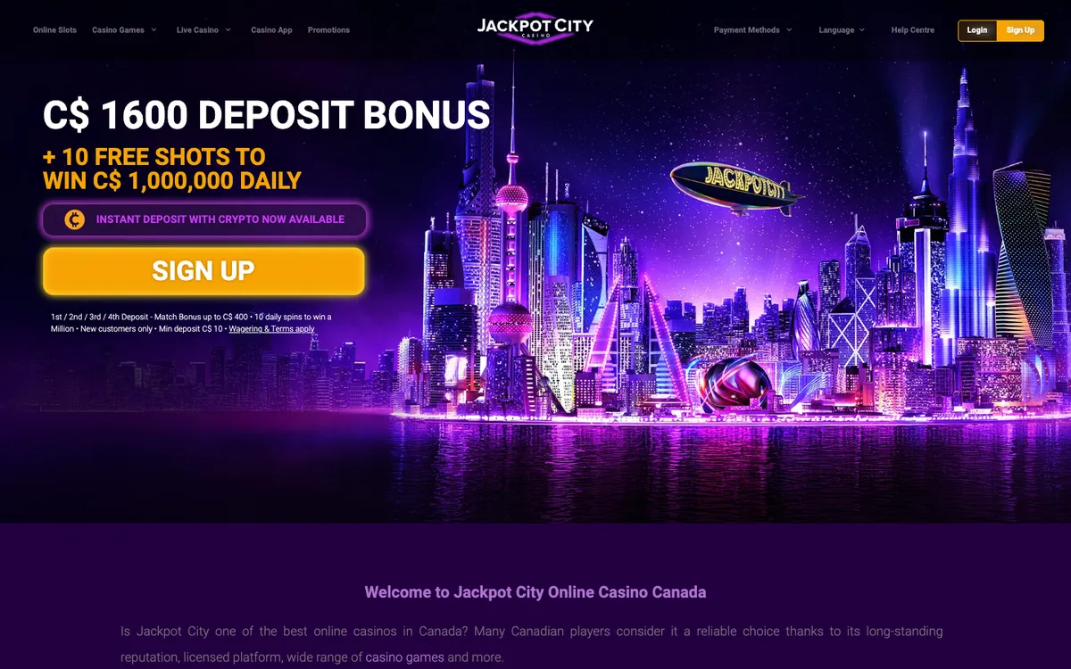 Jackpot City Casino — Home page, captured from Canada
