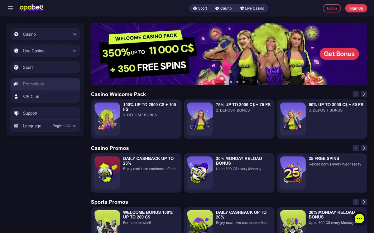 Opabet Casino — Promotions, captured from Canada