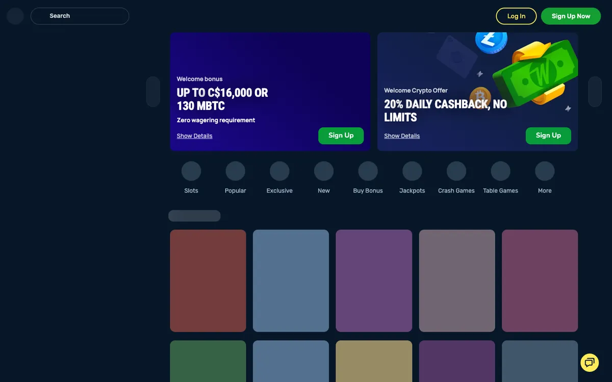 Winz.io Casino — Home page, captured from Canada