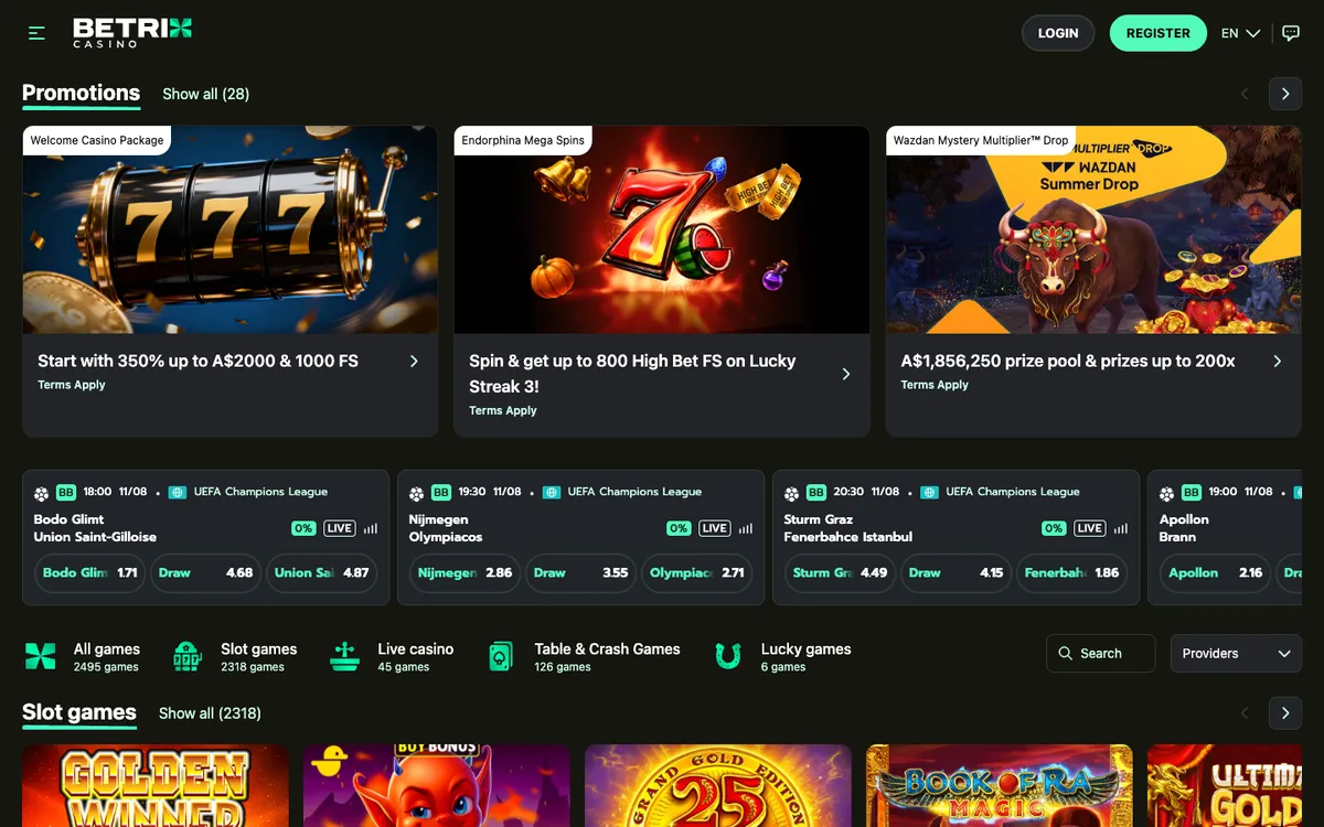 Betrix Casino — Home page, captured from Australia