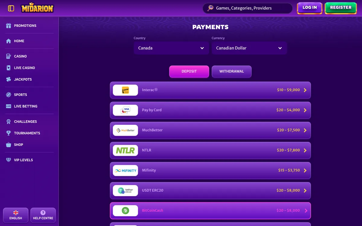 Midarion Casino — Payments, captured from Canada