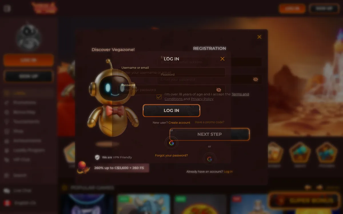 VegaZone Casino — Sign-up, captured from Canada