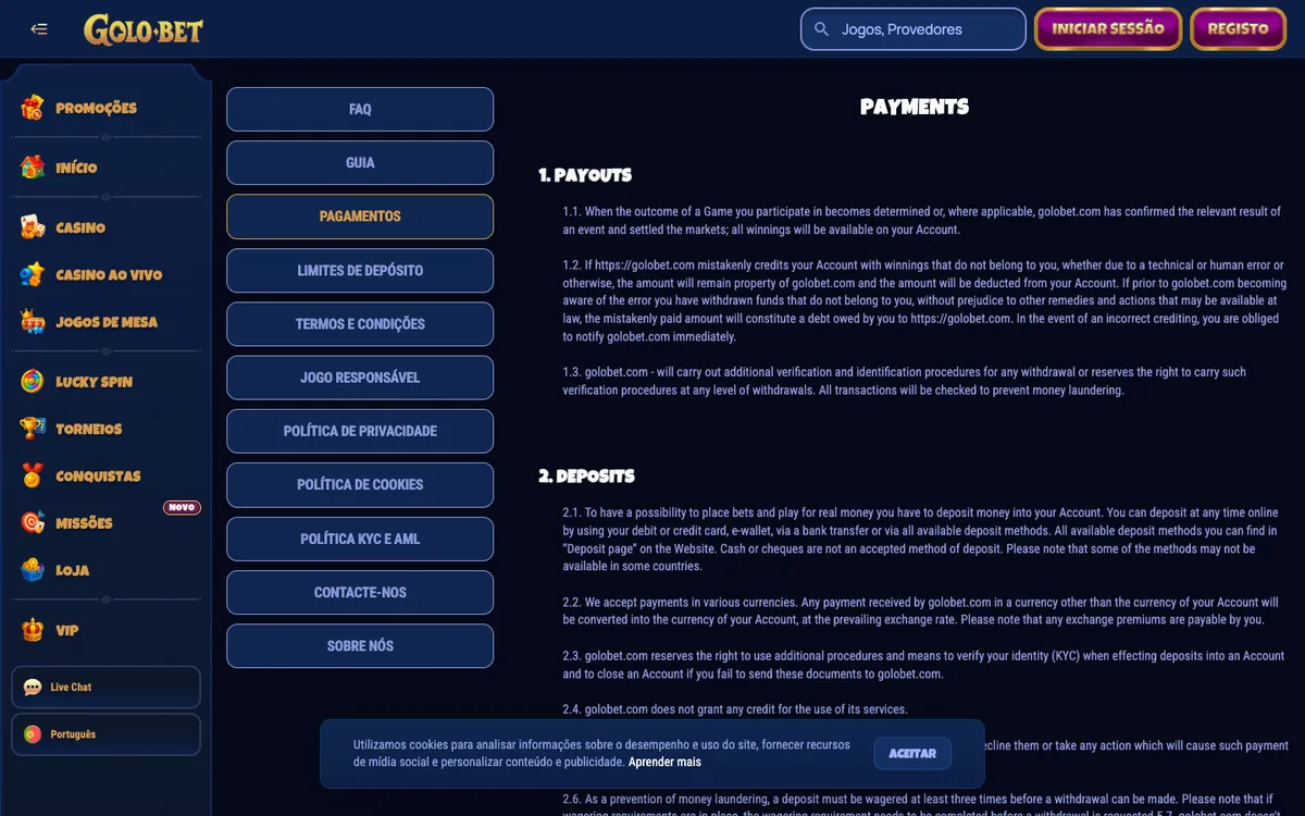 Golobet Casino — Payments, captured from Brazil