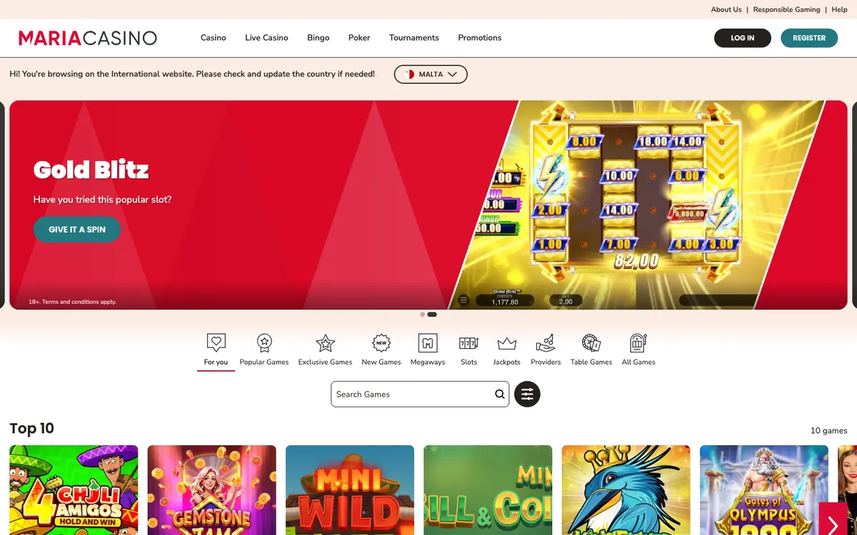 Maria Casino — Home page, captured from Switzerland