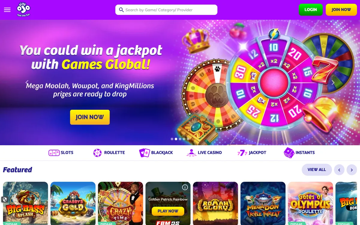 PlayOJO Casino — Home page, captured from Finland