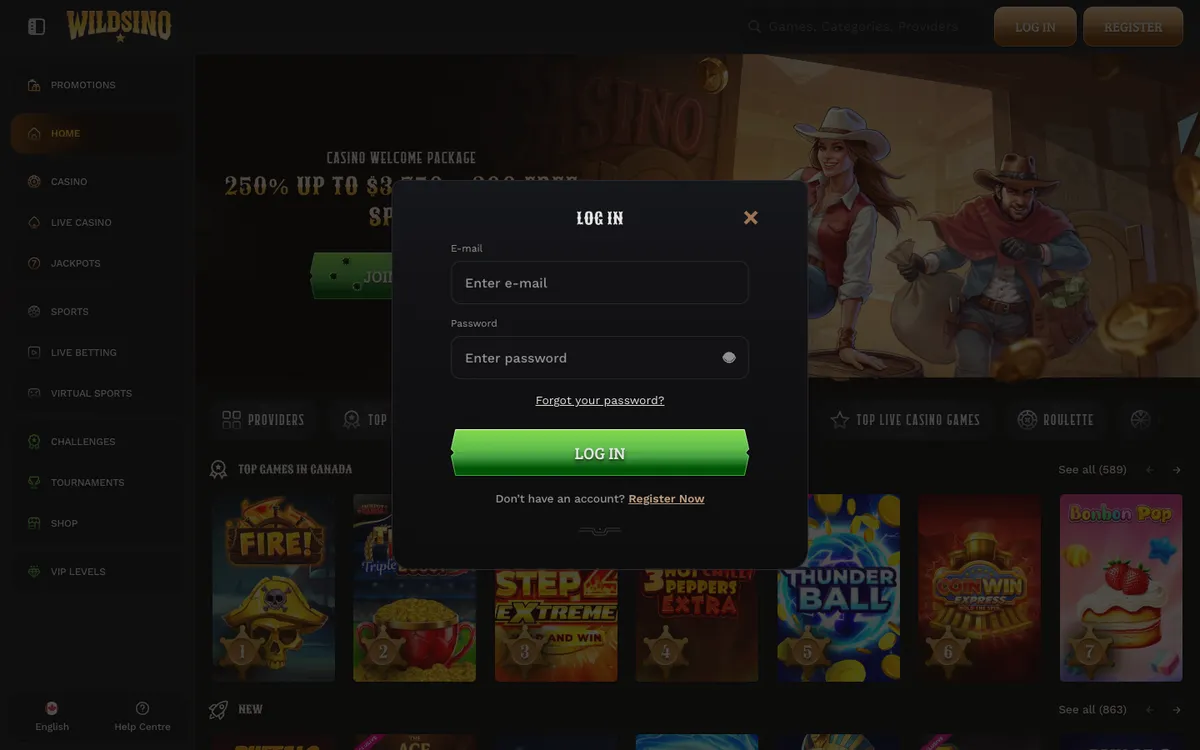 Wildsino Casino — Sign-up, captured from Canada
