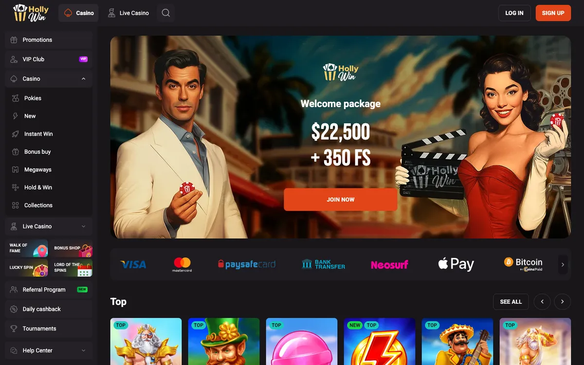 HollyWin Casino — Home page, captured from New Zealand