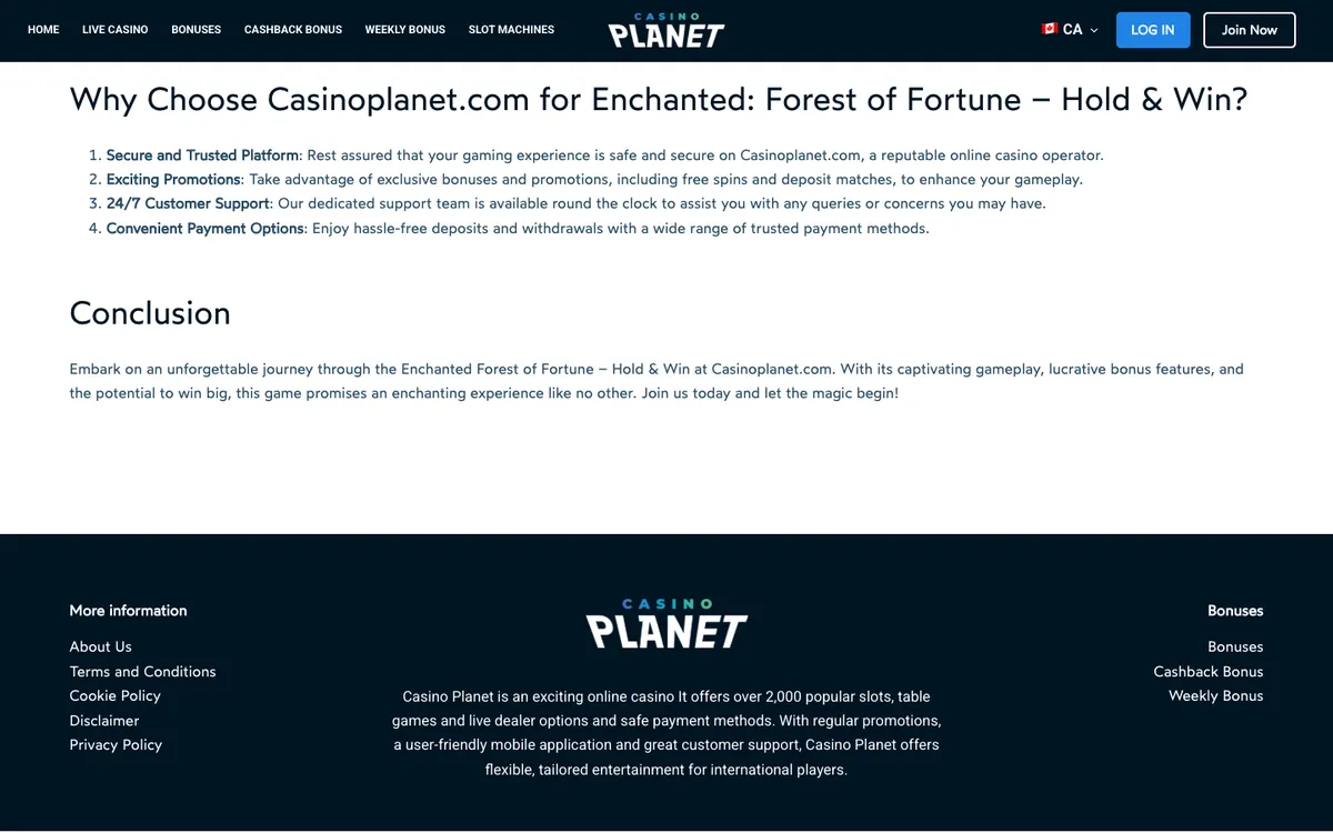Casino Planet — Home page, captured from Canada