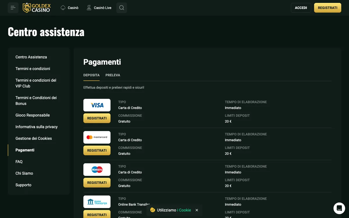 Goldex Casino — Payments, captured from Italy