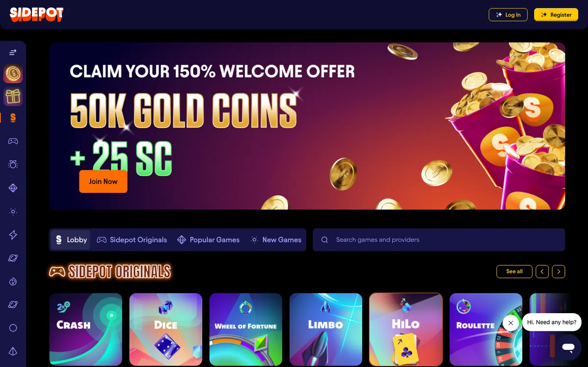 Sidepot Casino — Home page, captured from United States