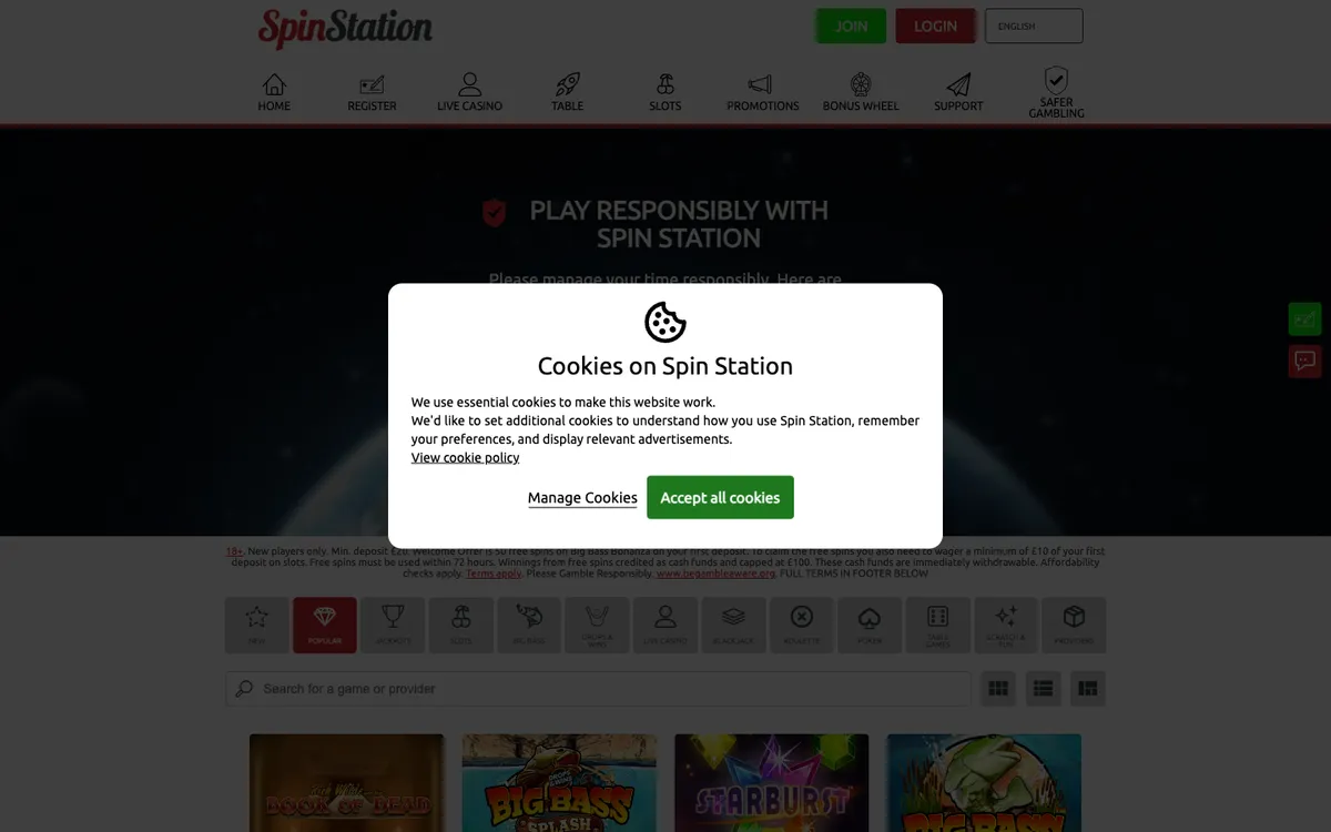 Spin Station Casino — Home page, captured from United Kingdom