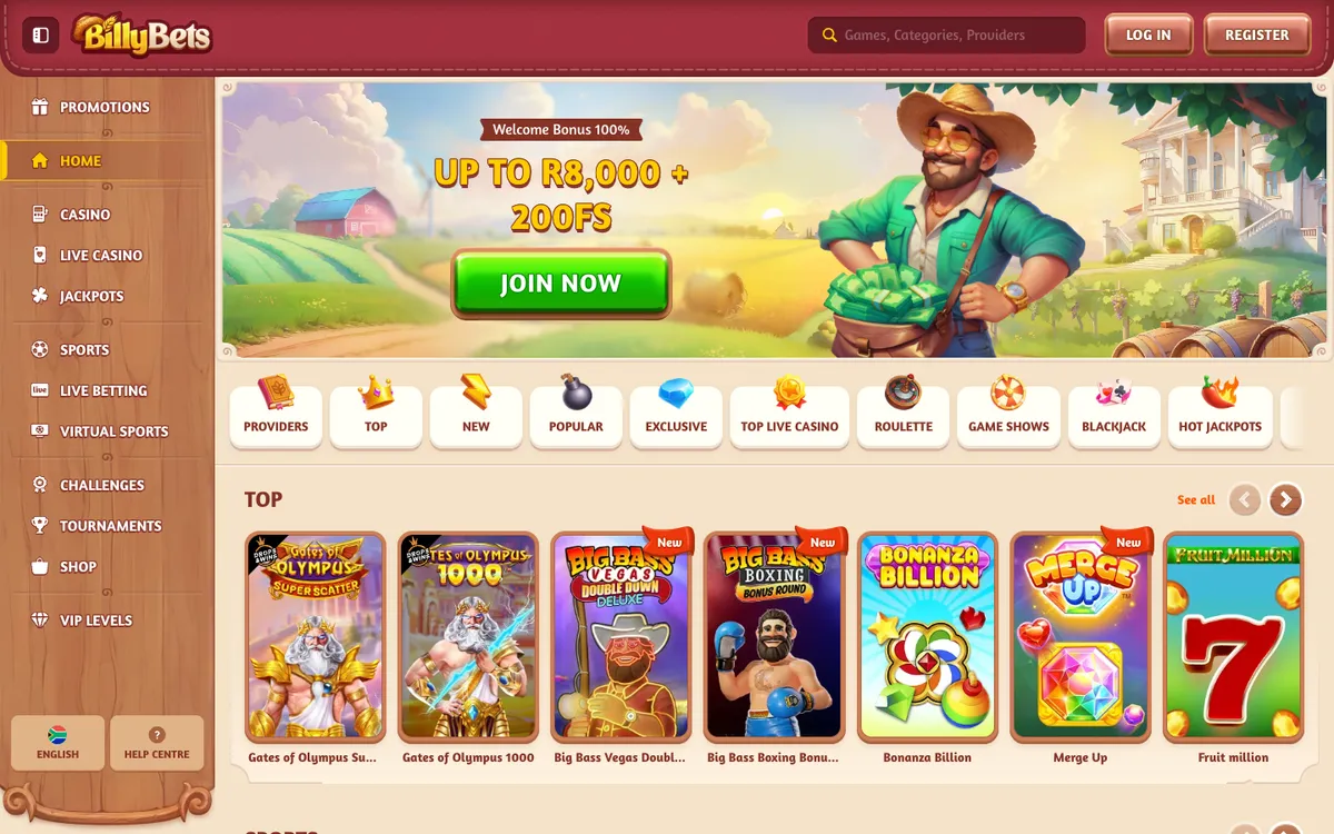 BillyBets Casino — «Главная», снято из страны Южно-Африканская Республика