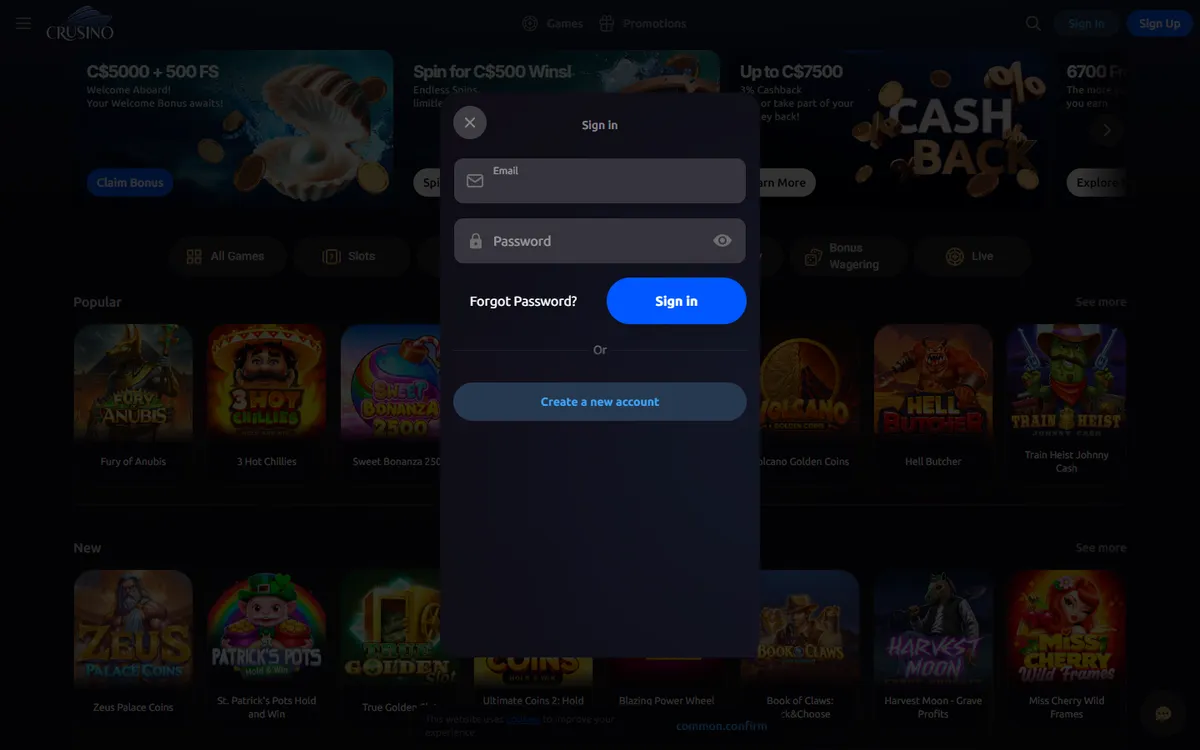 Crusino Casino — «Регистрация», снято из страны Канада