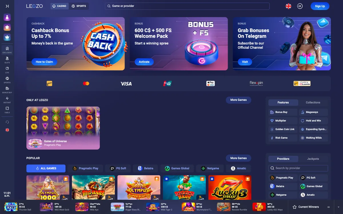 Legzo Casino — Home page, captured from Canada