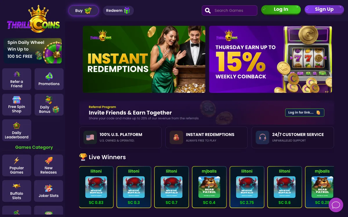 ThrillCoins Casino — Home page, captured from United States