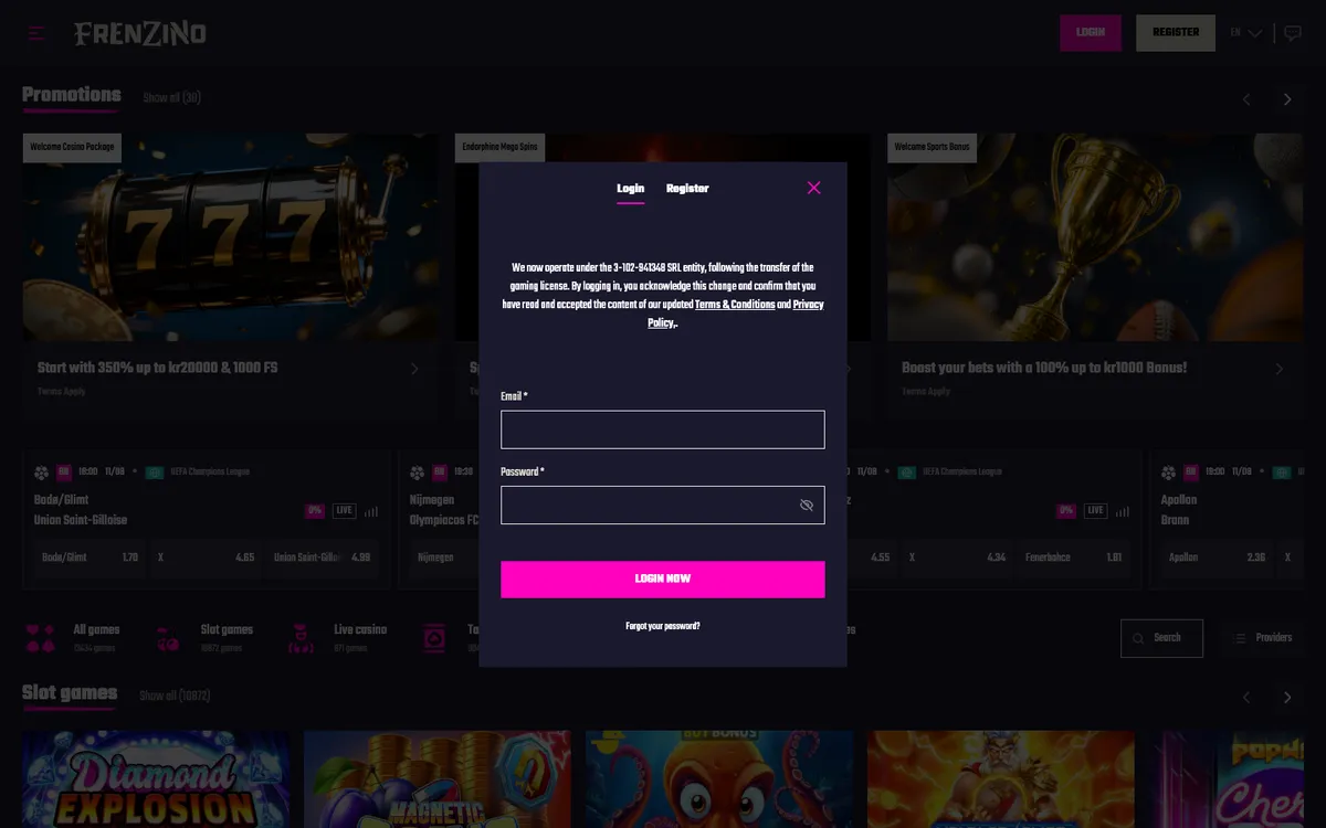 Frenzino Casino — Sign-up, captured from Norway