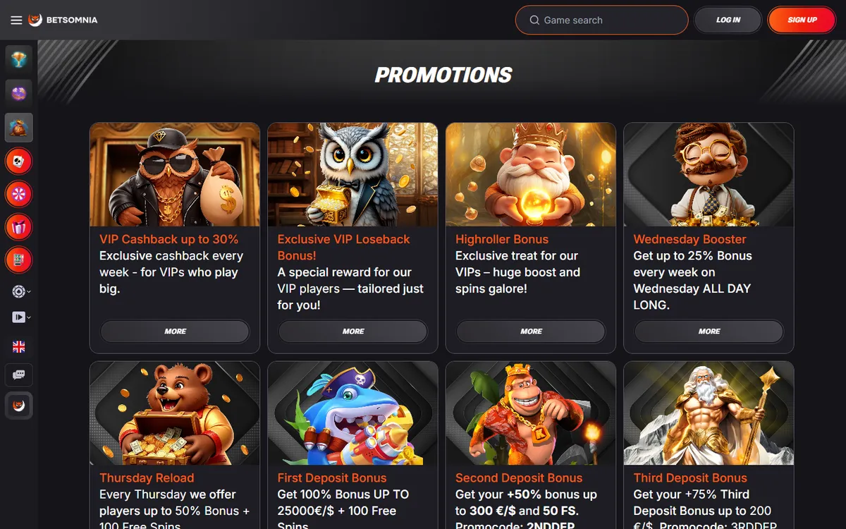 Betsomnia Casino — Promotions, captured from Canada