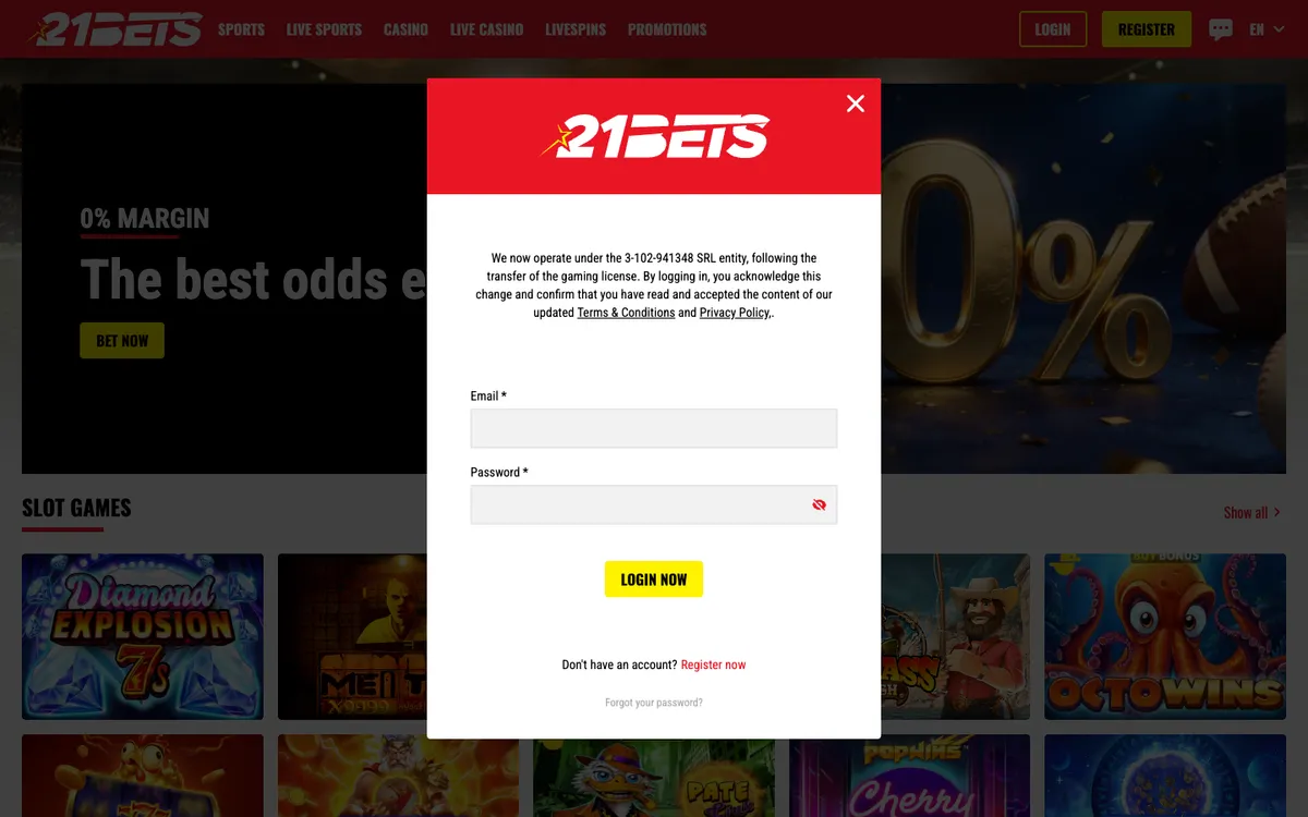21bets.io Casino — Sign-up, captured from Norway