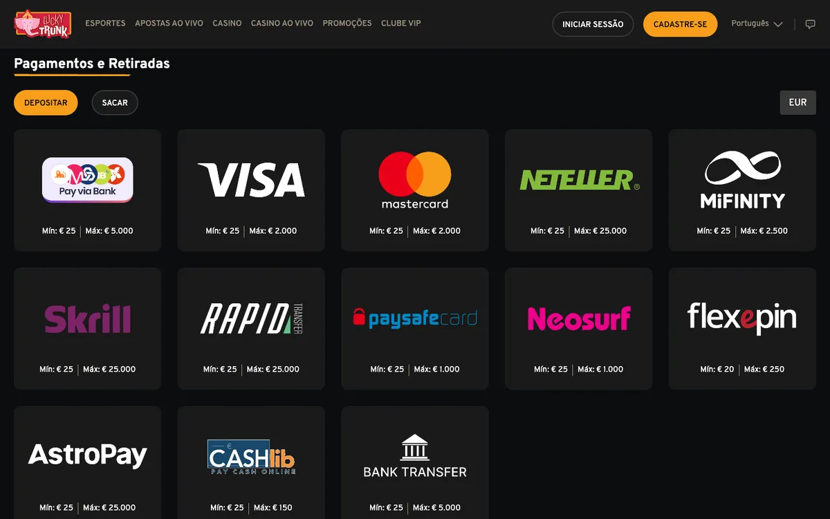 Lucky Trunk Casino — Payments, captured from Portugal
