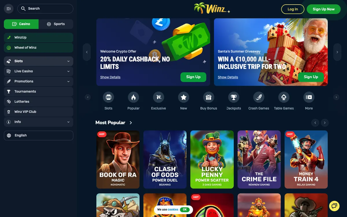 Winz.io Casino — Home page, captured from South Africa
