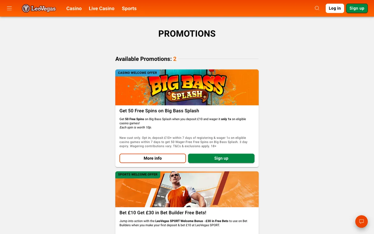 LeoVegas UK Casino — Promotions, captured from United Kingdom