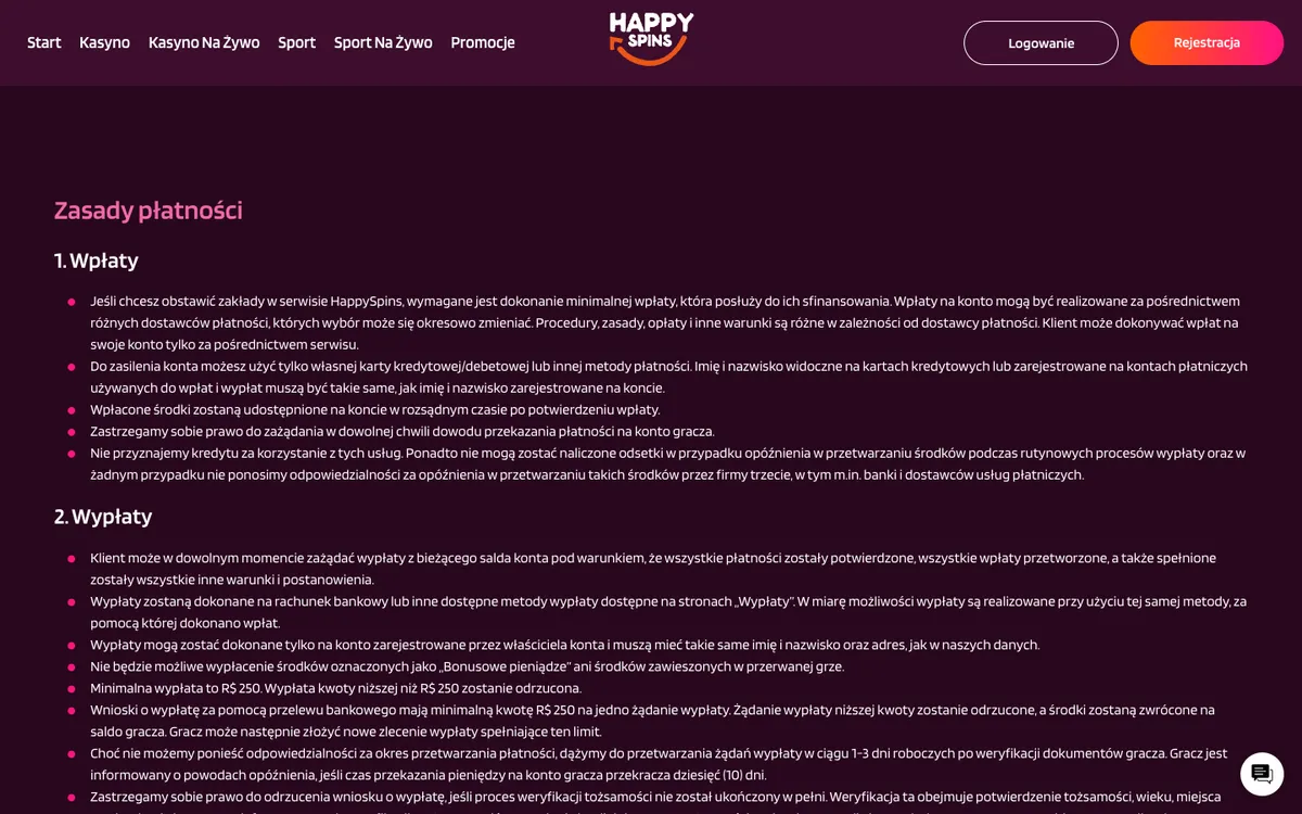 HappySpins Casino — Payments, captured from Poland