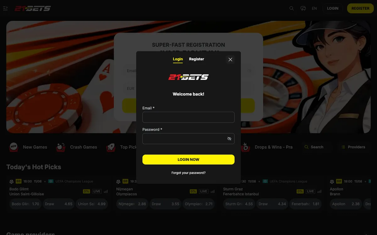 21Bets Casino — Sign-up, captured from Norway