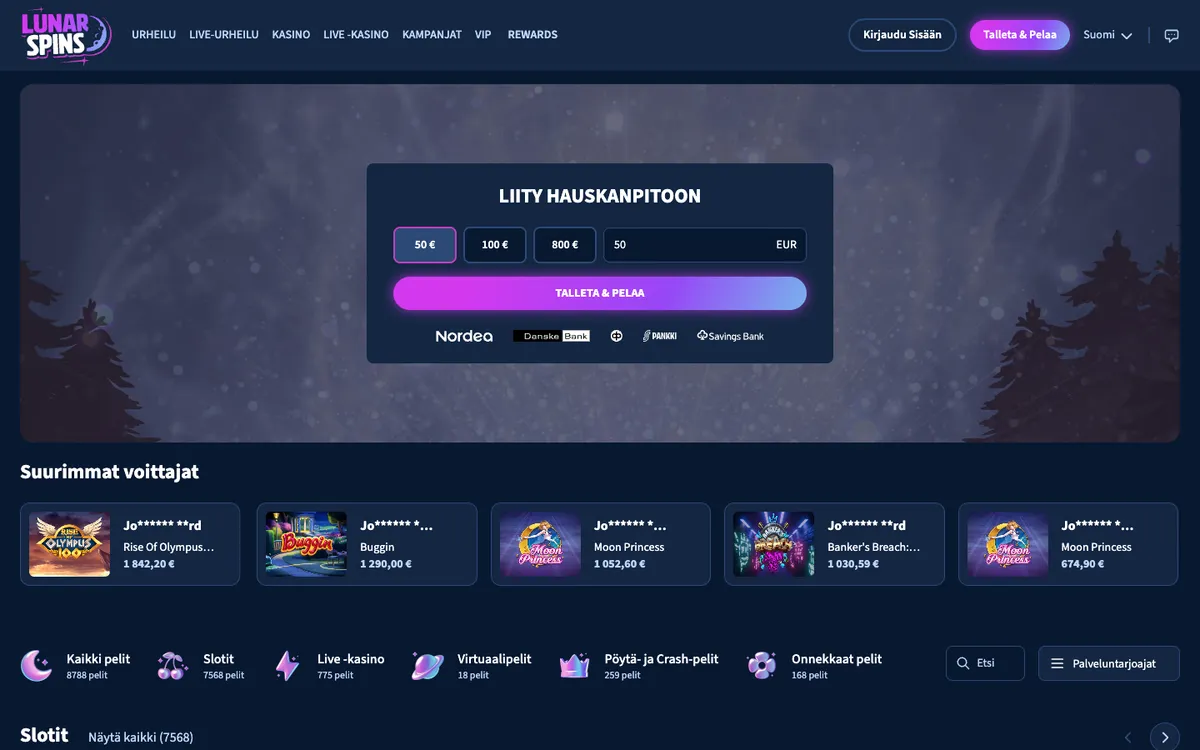 Lunarspins Casino — Home page, captured from Finland