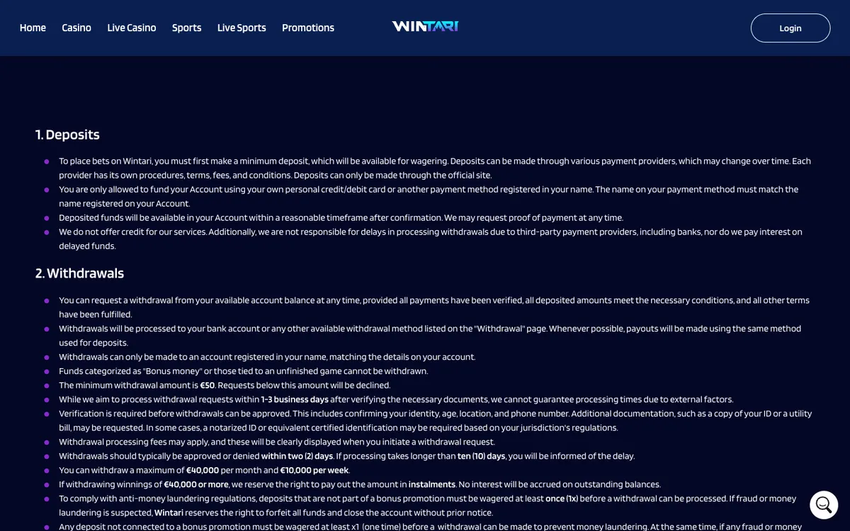Wintari Casino — Payments, captured from Australia