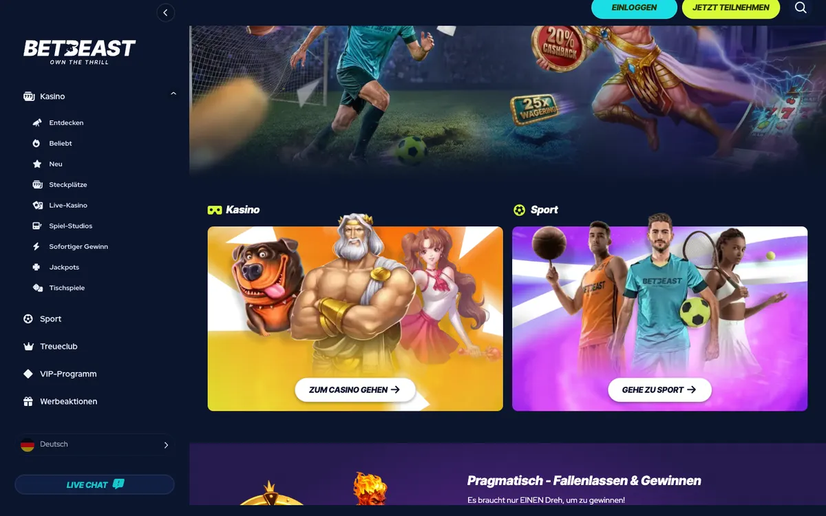 BetBeast Casino — «Главная», снято из страны Германия