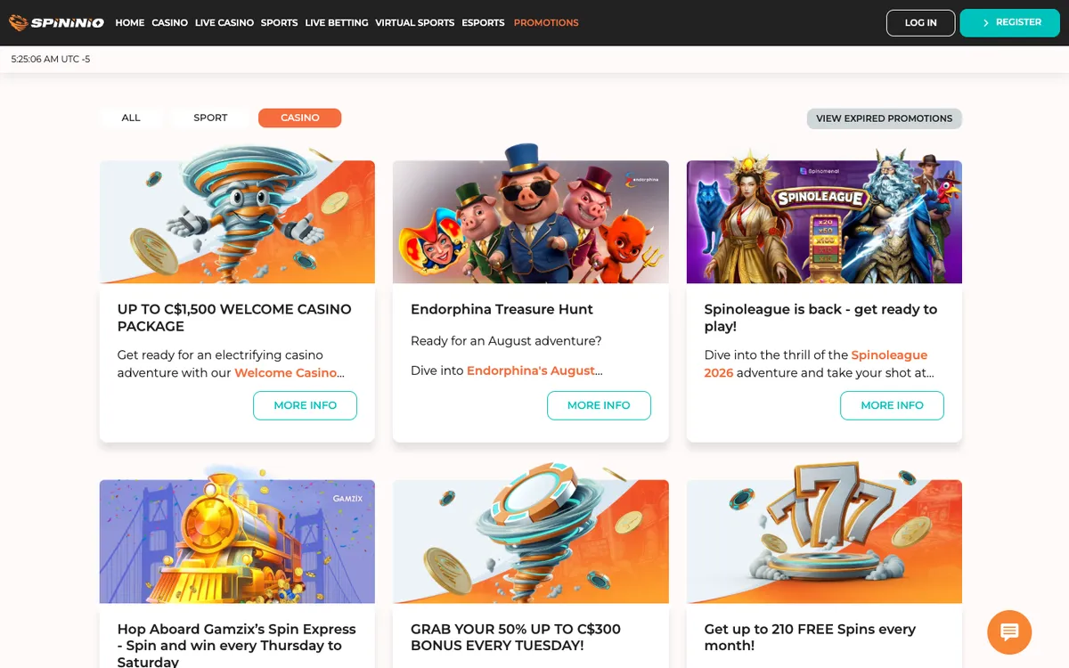 Spininio Casino — Promotions, captured from Canada