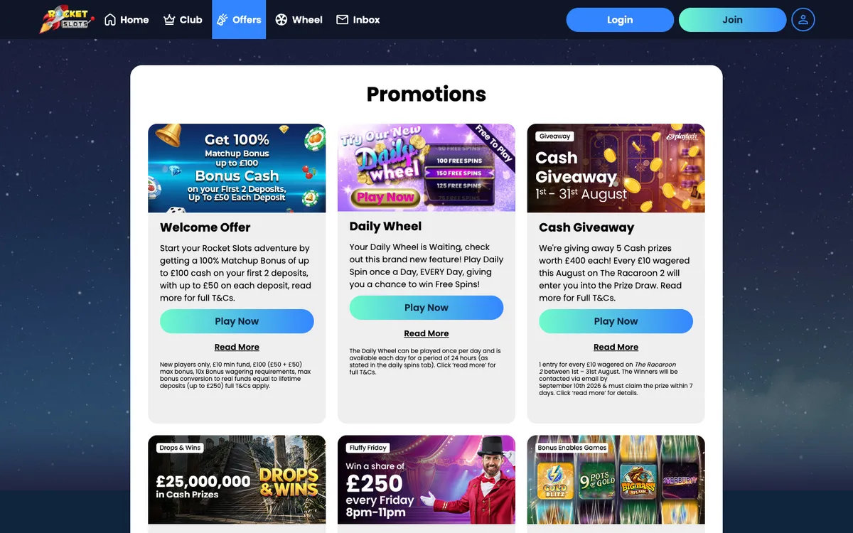Rocket Slots Casino — «Акции», снято из страны Великобритания