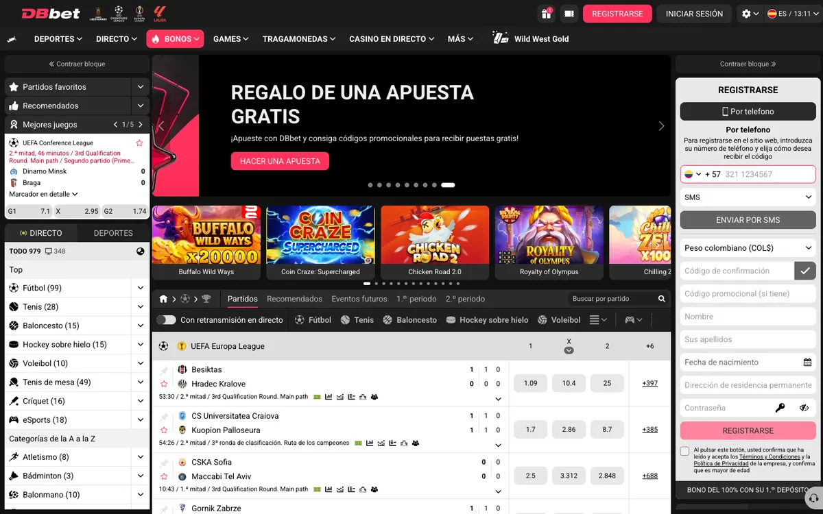 DBbet Casino — Home page, captured from Colombia