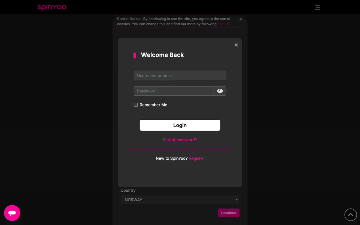 SpinYoo Casino — «Регистрация», снято из страны Норвегия