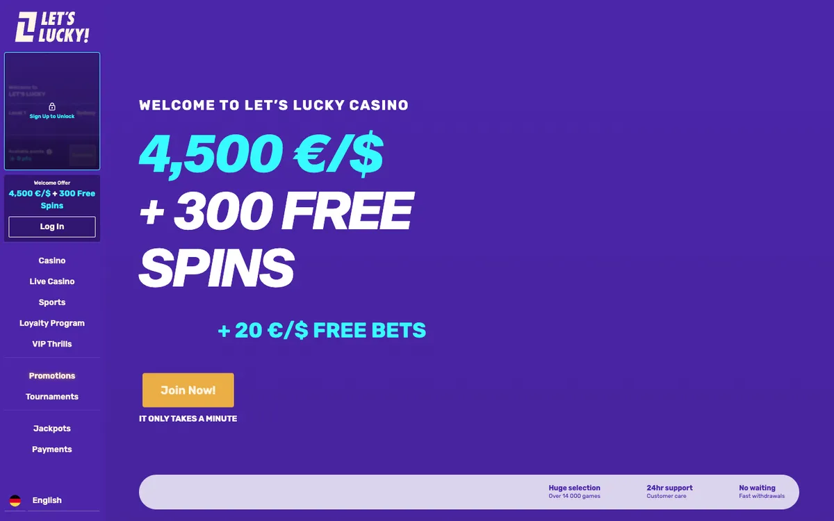 LetsLucky Casino — Home page, captured from Germany