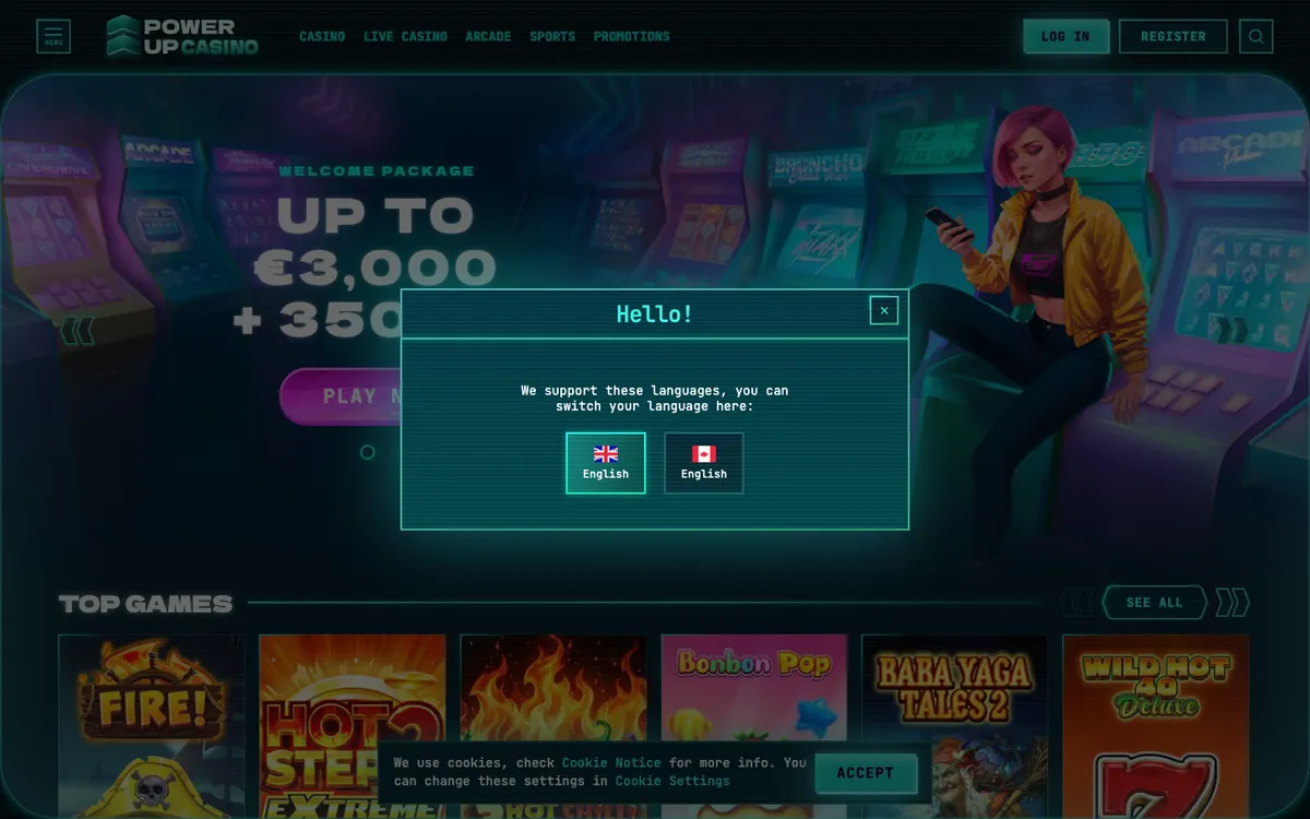 PowerUp Casino — Home page, captured from Canada
