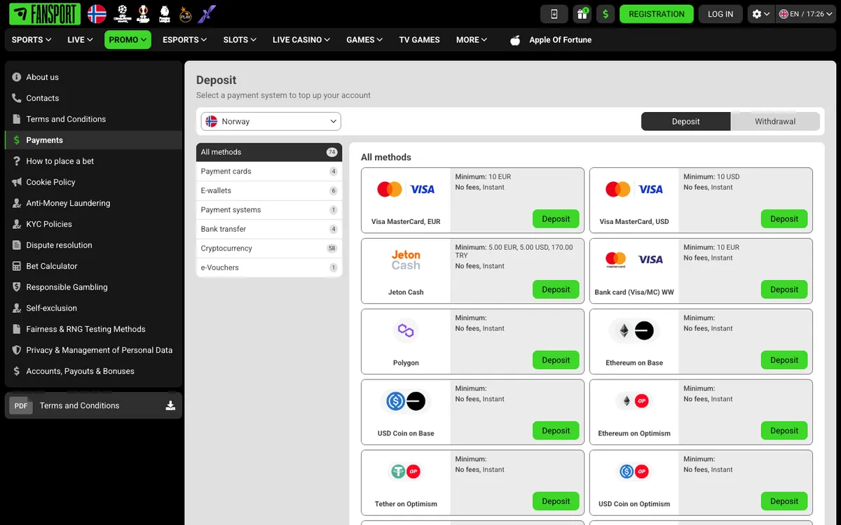 Fansport Casino — Payments, captured from Norway