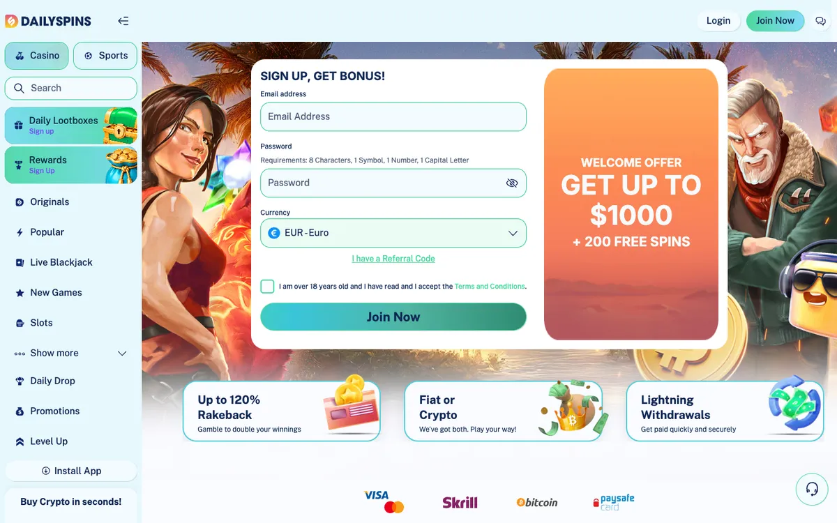 Dailyspins Casino — «Главная», снято из страны Новая Зеландия