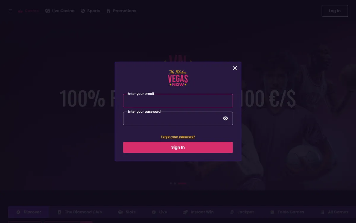 Vegas Now Casino — Sign-up, captured from Germany