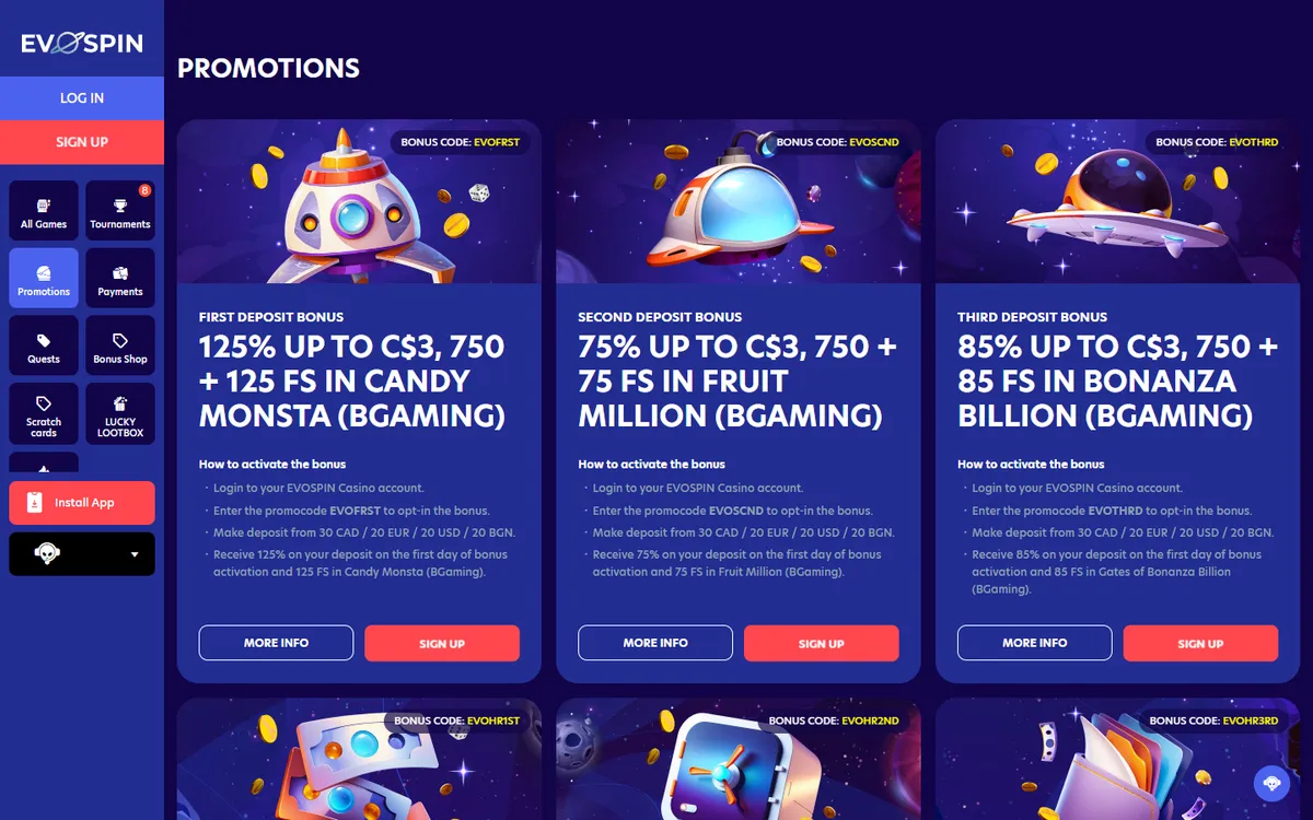 Evospin Casino — Promotions, captured from Canada